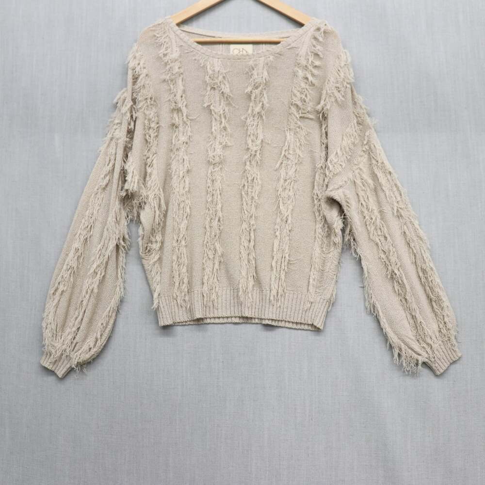 Chaser Revolve Slinky Fringe Shaggy Knit Sweater Oatmeal Tan S Fits Relaxed S/M